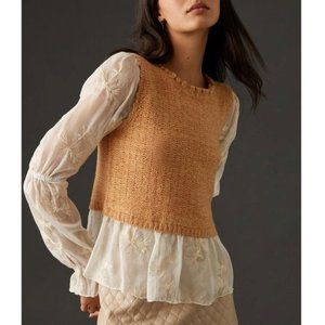 Anthropologie Sweater Vest with Embroidered Blouse, Tan & Cream, Large